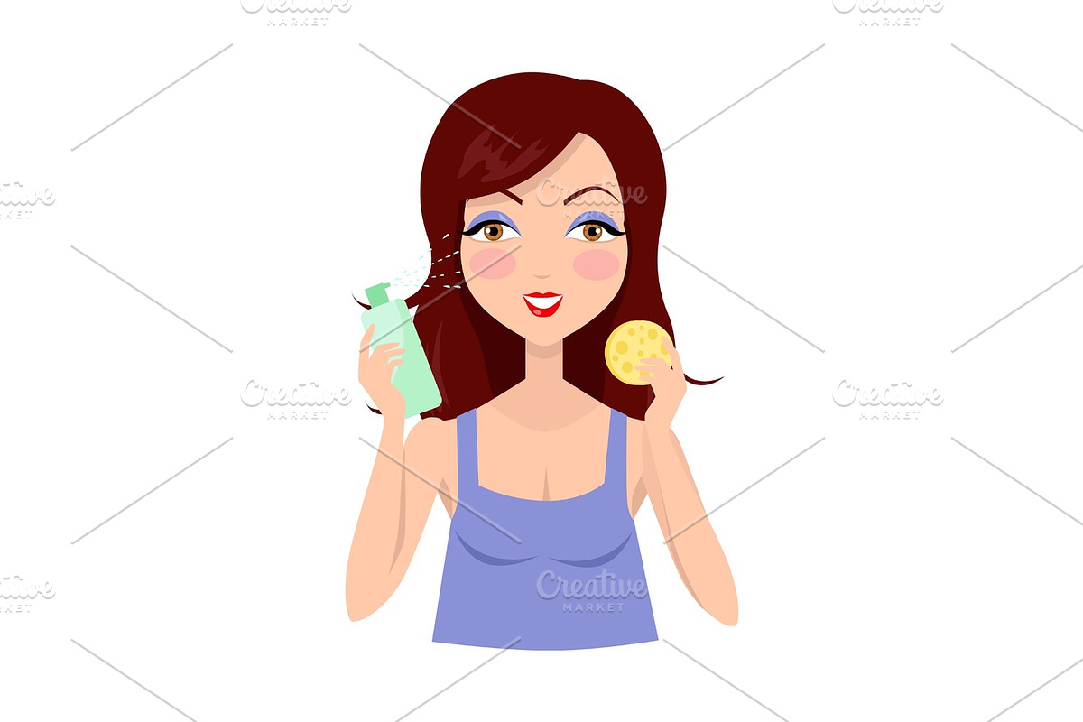 Girl Clean her Face with Lotion and Sponge in Illustrations - product preview 8
