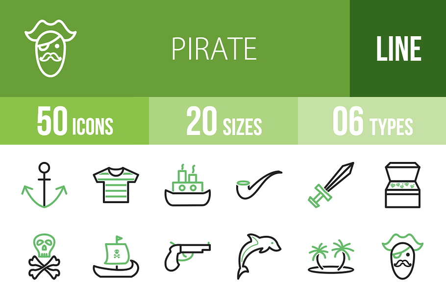 50 Pirate Line Green & Black Icons in Graphics - product preview 8