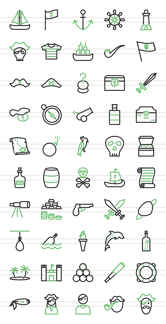 50 Pirate Line Green & Black Icons in Graphics - product preview 1