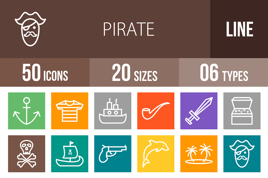 50 Pirate Line Multicolor Icons in Graphics - product preview 8