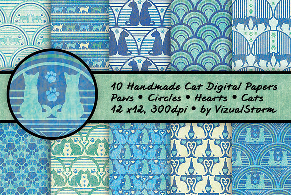 Cat Silhouette Patterns Green & Blue in Patterns - product preview 2
