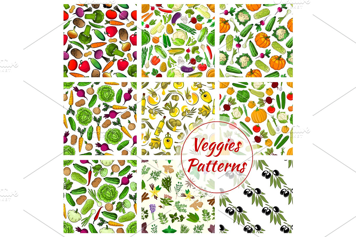 Veggies, spices, herbs vegetables patterns set in Patterns - product preview 8