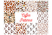 Coffee cups and coffee makers seamless patterns