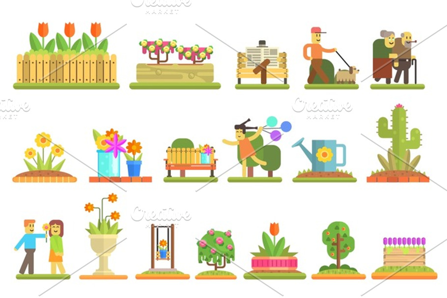 Spring and Flowers. Flat Vector Illustration Set