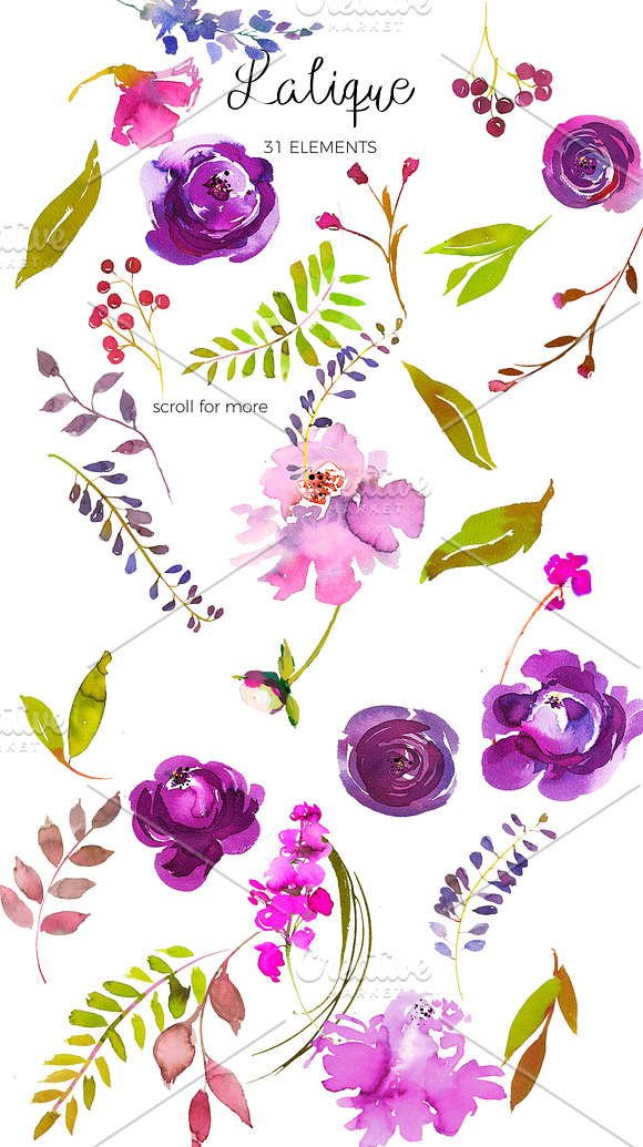  Violet Purple Watercolor Flowers  in Illustrations - product preview 1