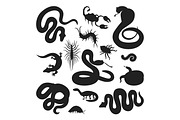 Vector flat snakes and other danger animals silhouette.