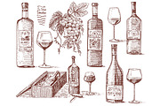 wine harvest products, press, grapes, vineyards corkscrews glasses bottles in vintage style, engraved hand drawn