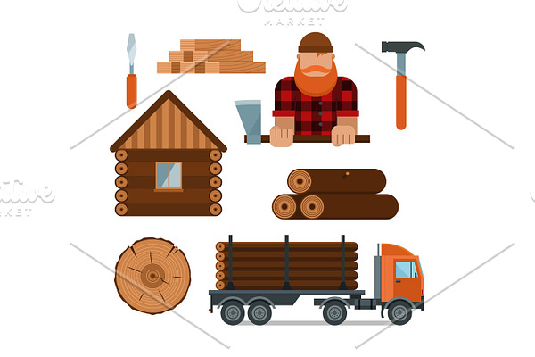 Lumberjack cartoon tools icons vector illustration
