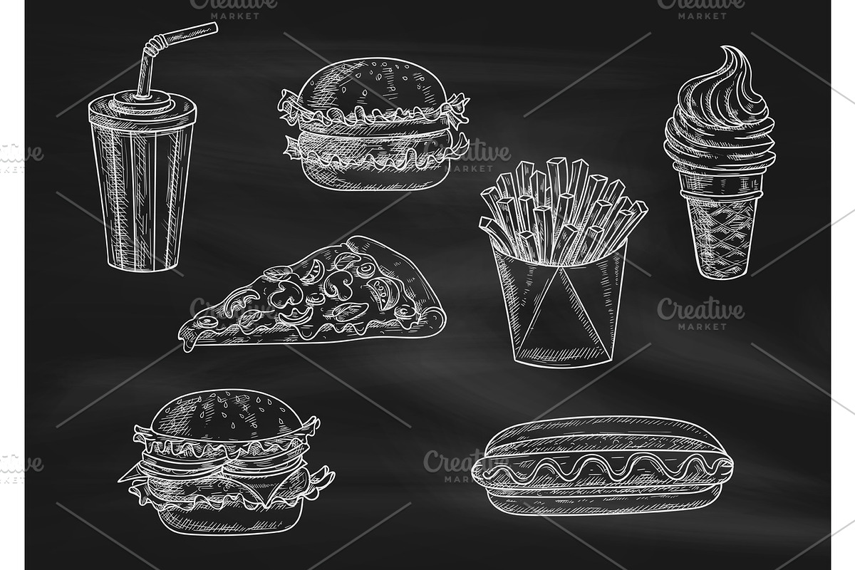 Fast food snacks and drinks chalk sketch icons in Illustrations - product preview 8