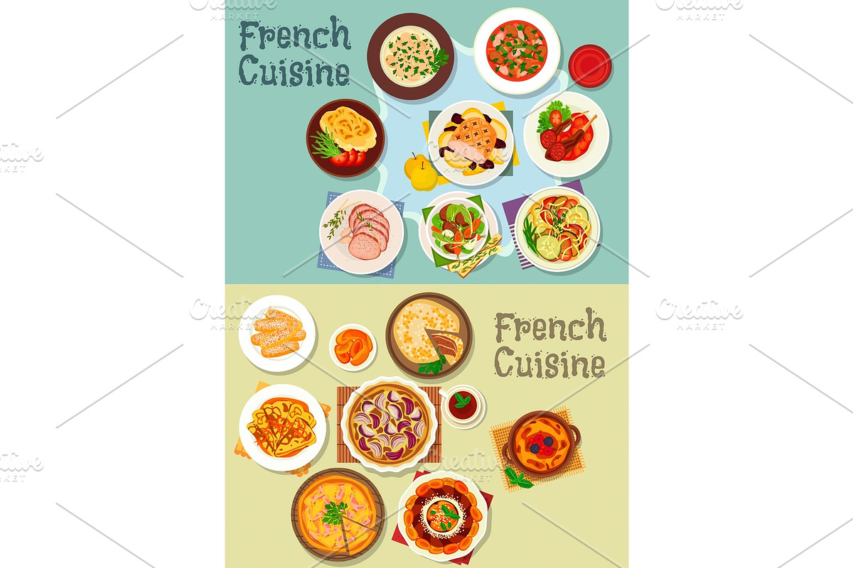 French cuisine meat and dessert dishes icon set in Illustrations - product preview 8