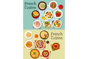 French cuisine meat and dessert dishes icon set