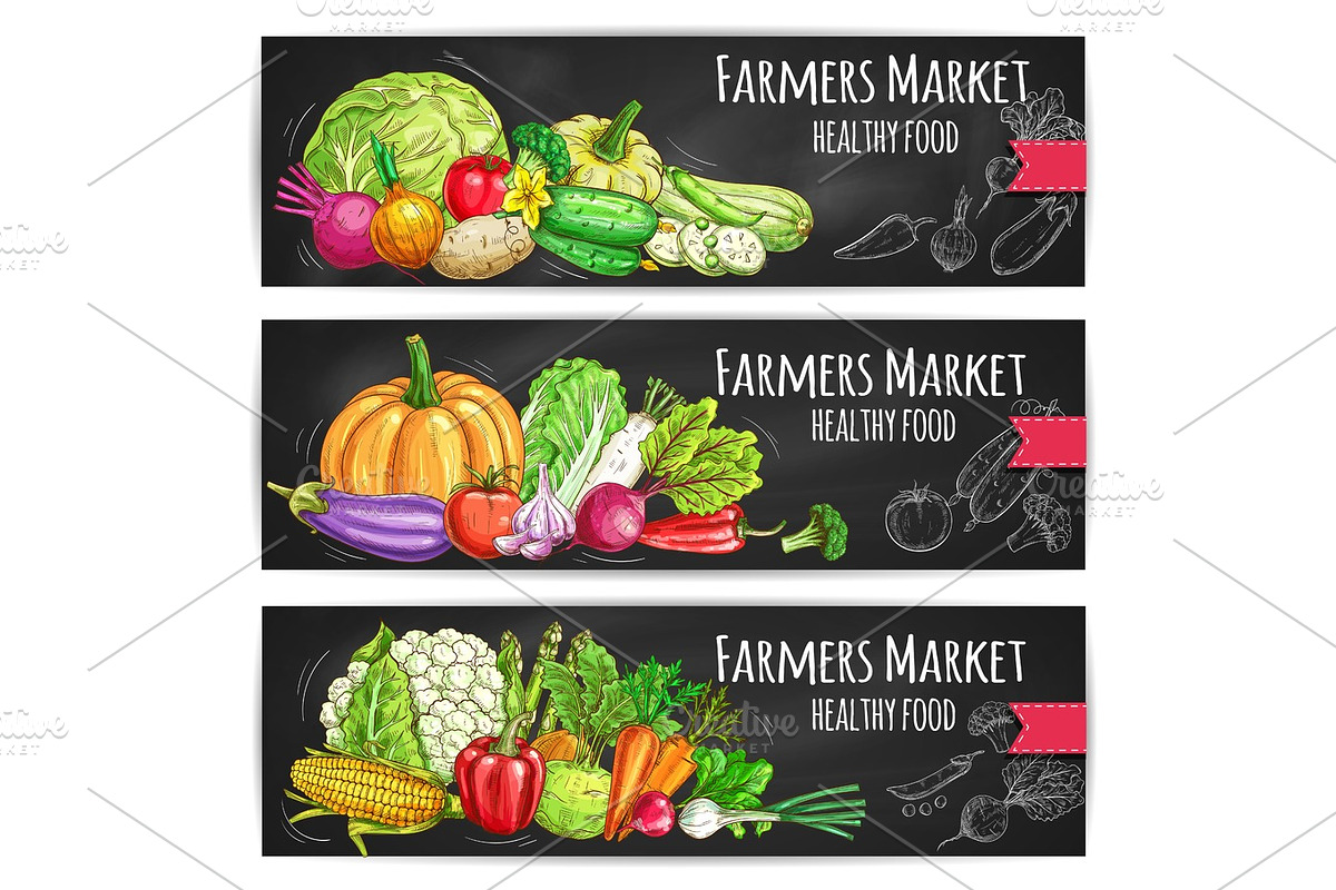 Farmers vegetables market vector sketched banners in Illustrations - product preview 8