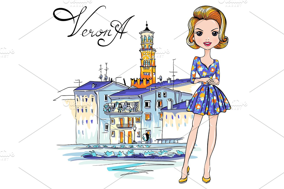 Cute fashion girl in in Verona, Italy in Illustrations - product preview 8