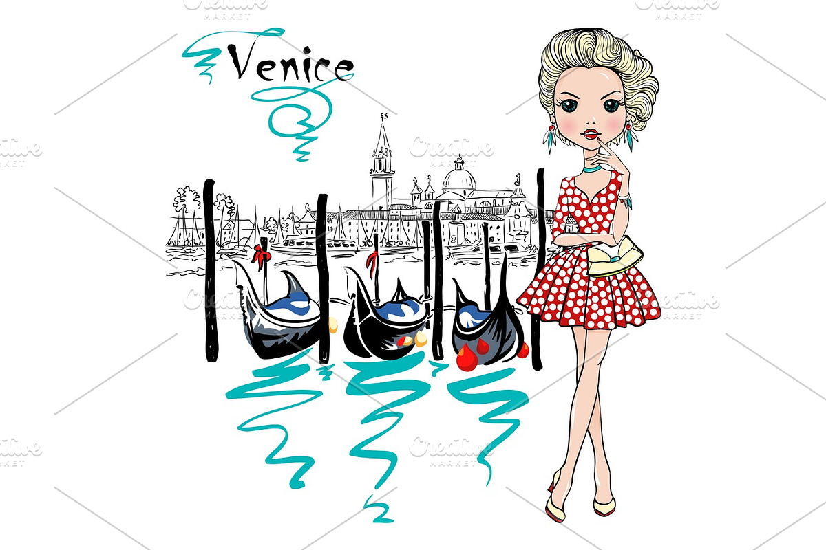 Cute fashion girl in Venice, Italia. in Illustrations - product preview 8