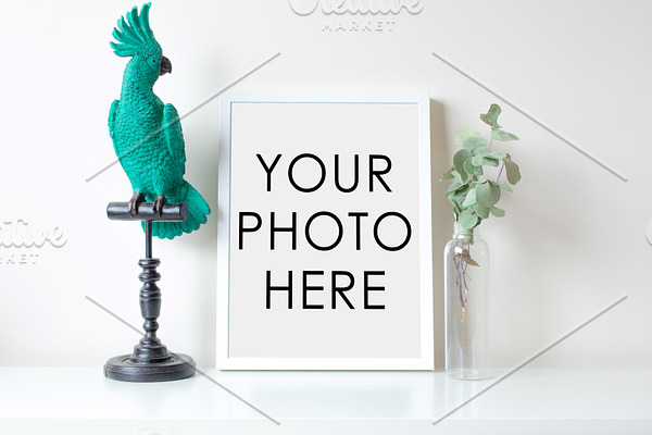 White Frame With Parrot And Plant