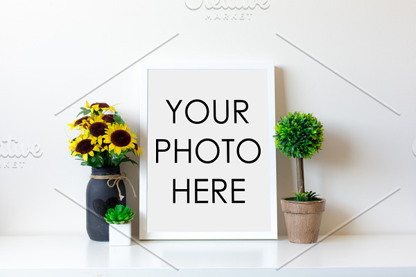 White Frame With Sunflower & Topiary