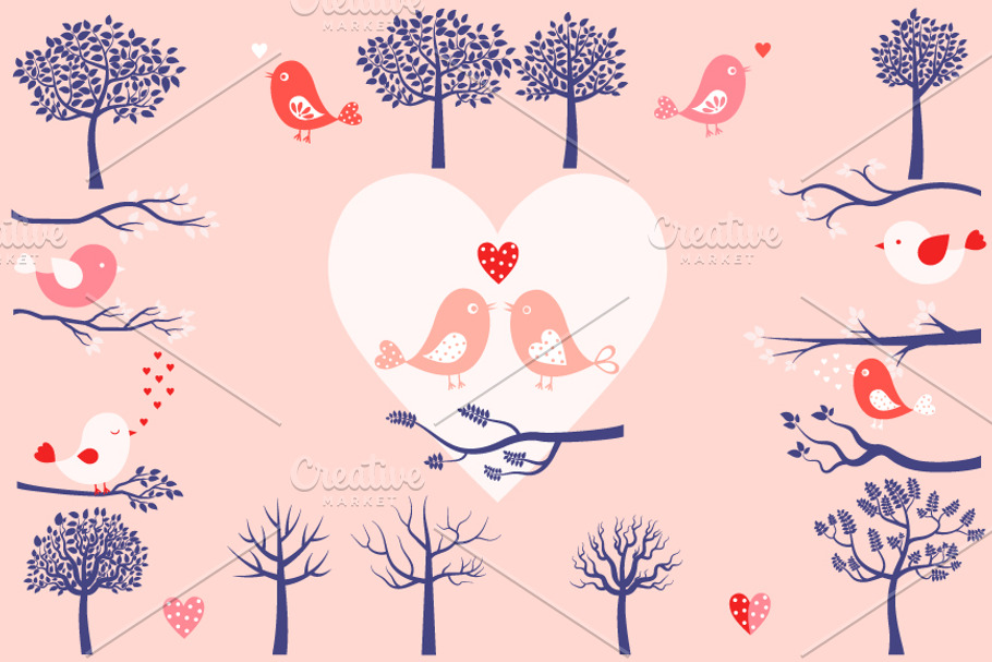 Trees, bird, branches and hearts set