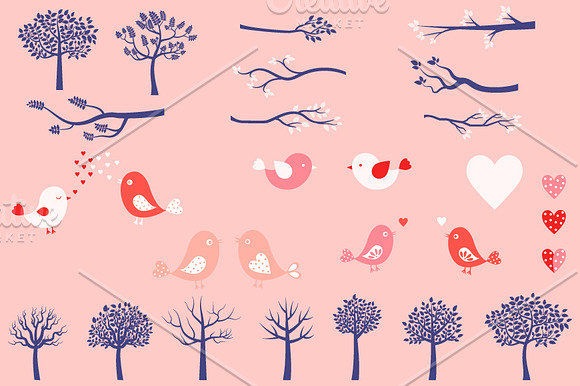 Trees, bird, branches and hearts set in Illustrations - product preview 1
