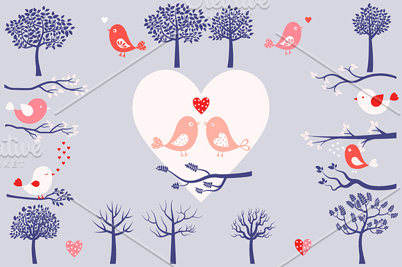 Trees, bird, branches and hearts set in Illustrations - product preview 2