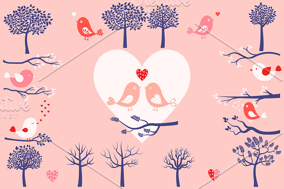Trees, bird, branches and hearts set in Illustrations - product preview 3