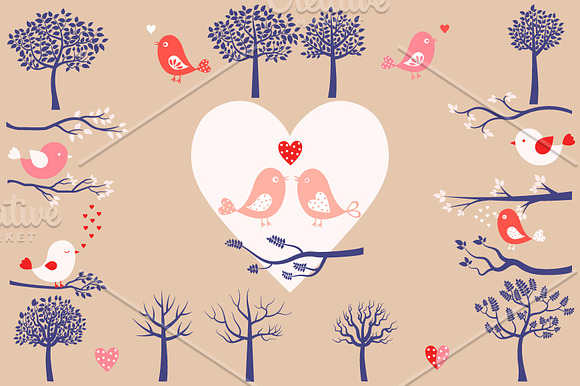 Trees, bird, branches and hearts set in Illustrations - product preview 4