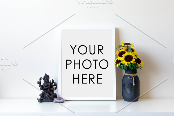 White Frame With Statue & Sunflowers