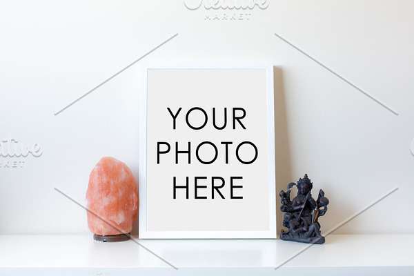 White Frame With Statue & Salt Lamp