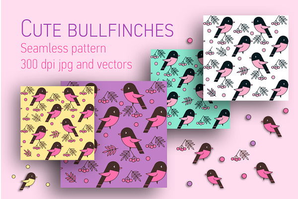 Bullfinches seamless vector patterns