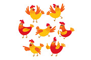 Funny cartoon red and orange chicken, hen in various poses