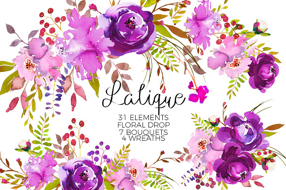  Violet Purple Watercolor Flowers  in Illustrations - product preview 5