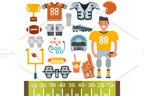 American football player and icons vector cartoon style