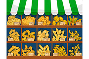 Market counter with italian macaroni or pasta