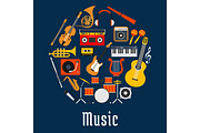 Music round symbol with musical instruments