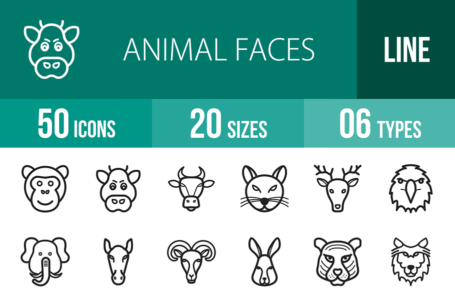 50 Animal Faces Line Icons