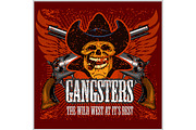 Gangster skull with cowboy hat and pistols