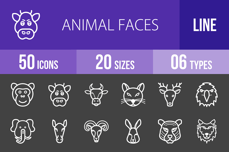 50 Animal Faces Line Inverted Icons