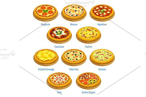 Pizza icons. Italian cuisine menu elements
