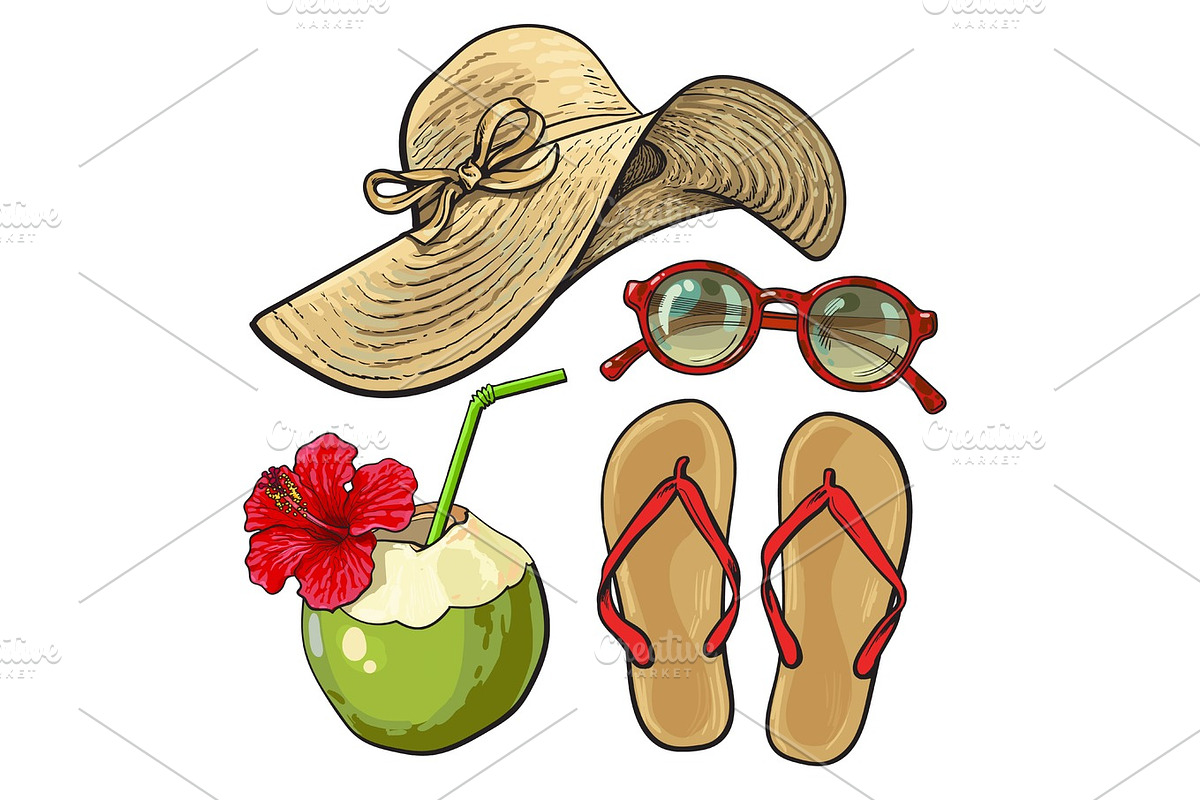 Summer time vacation attributes - hat, sunglasses, flip flops, coconut in Objects - product preview 8