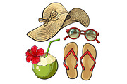 Summer time vacation attributes - hat, sunglasses, flip flops, coconut