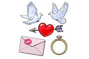 Wedding, engagement icon set with doves, heart, ring, love letter