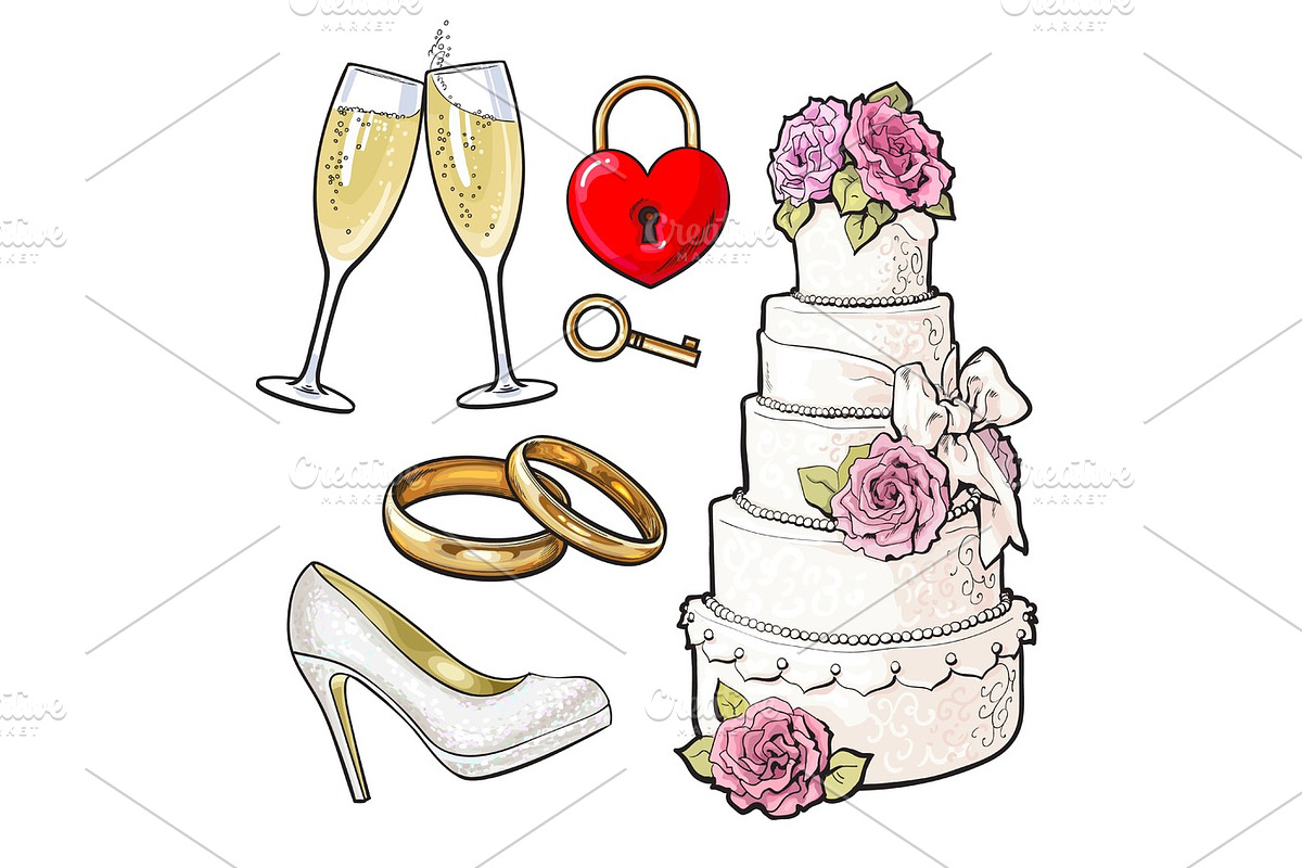 Wedding icons - cake, rings, glasses of champagne and lock in Objects - product preview 8