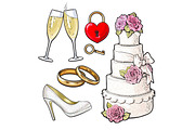 Wedding icons - cake, rings, glasses of champagne and lock
