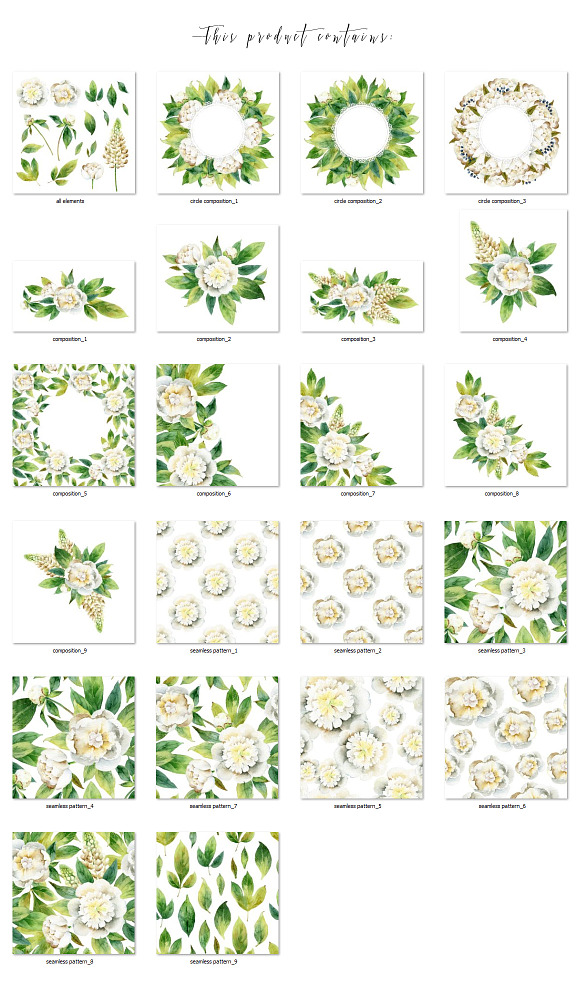 Beautiful set with white peonies in Patterns - product preview 4