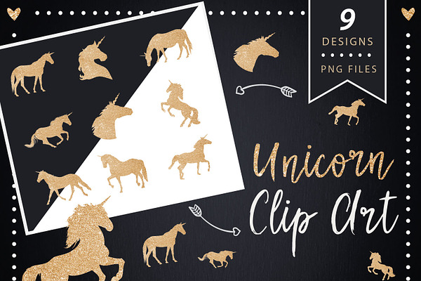 Gold glitter unicorn clip art