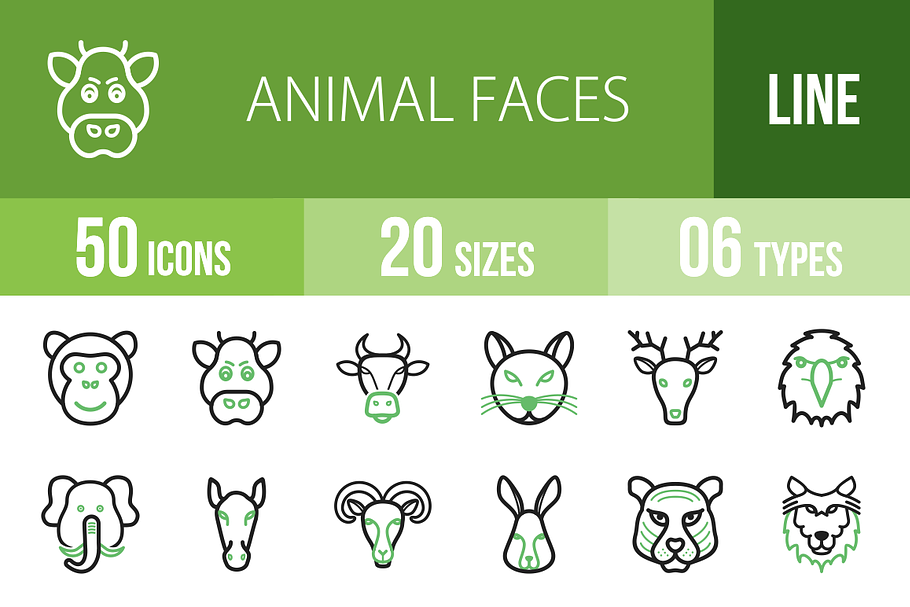 50 Animal Faces Green & Black Icons