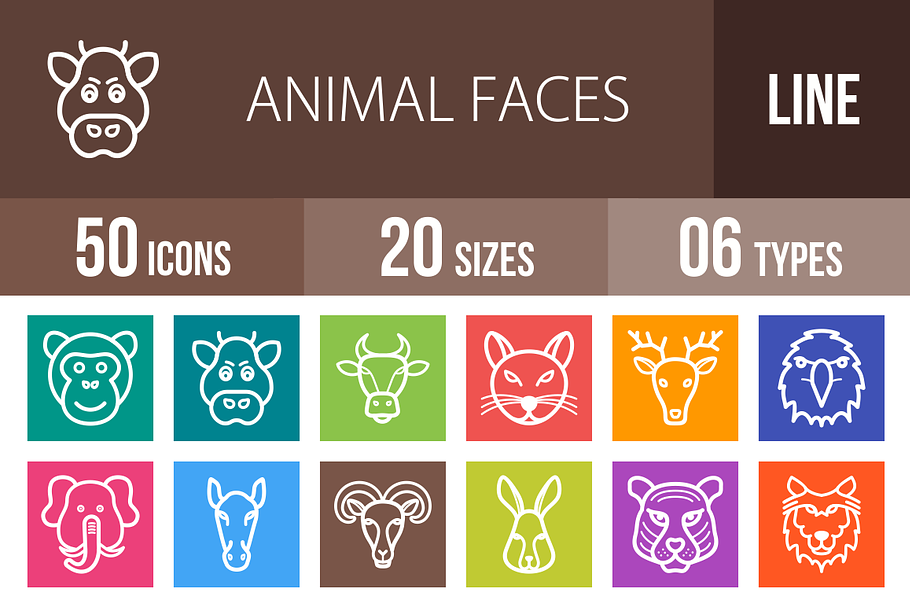 50 Animal Face Line Multicolor Icons