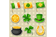 Saint Patricks Day objects. Flag Ireland, pot of gold coins, shamrocks, green hat and horseshoe
