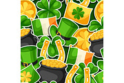 Saint Patricks Day seamless pattern. Flag Ireland, pot of gold coins, shamrocks, green hat and horseshoe