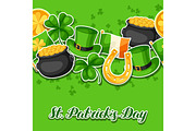 Saint Patricks Day seamless pattern. Flag Ireland, pot of gold coins, shamrocks, green hat and horseshoe