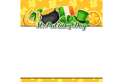 Saint Patricks Day frame. Flag Ireland, pot of gold coins, shamrocks, green hat and horseshoe